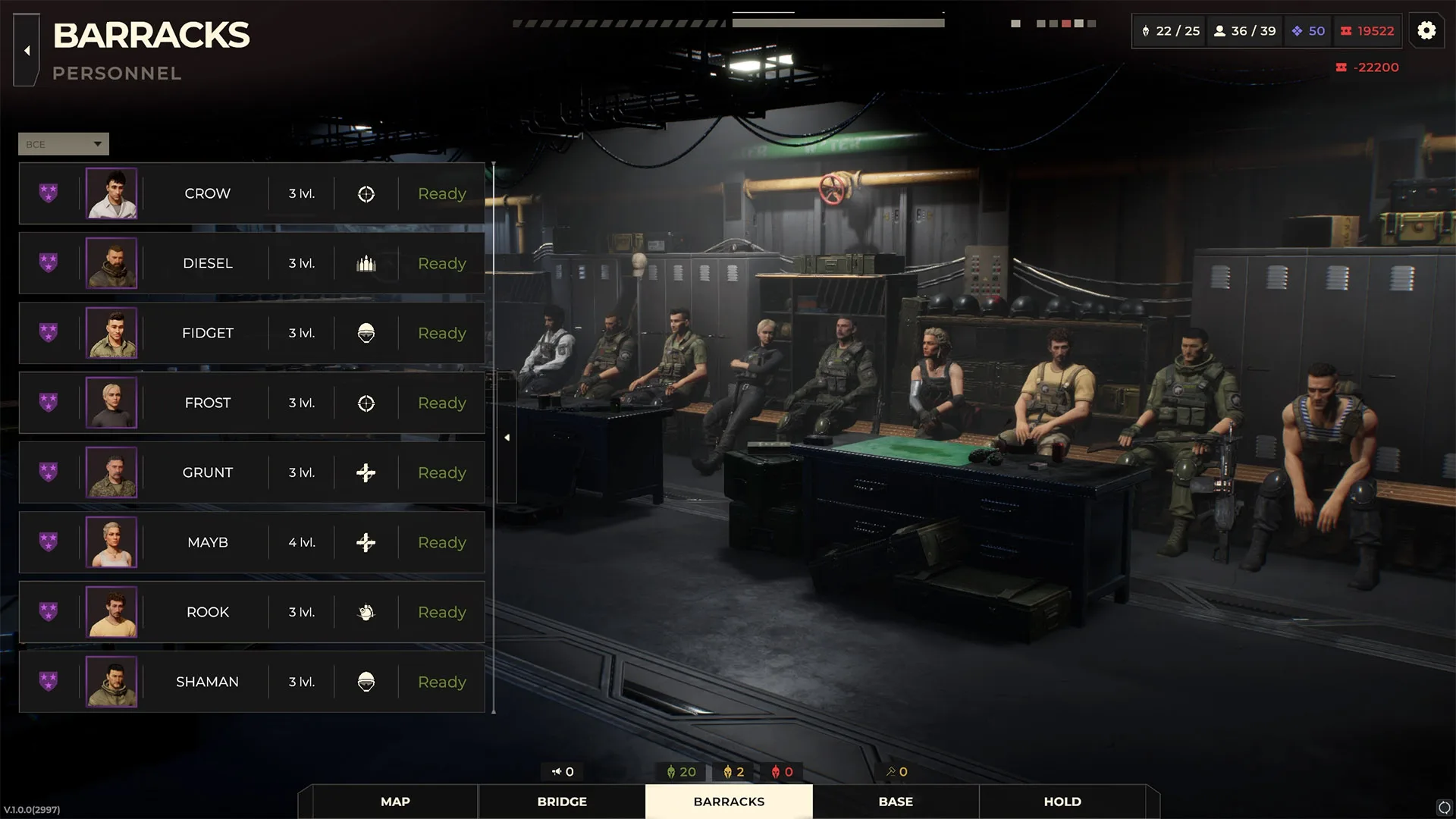 Warhounds Barracks personnel list with portraits, levels, class icons and Ready status.
